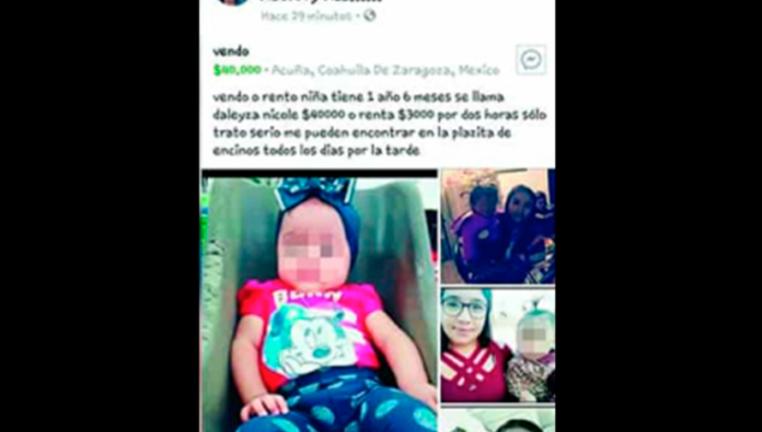 Ofrecen en venta o renta en Facebook a bebé en el día de las madres