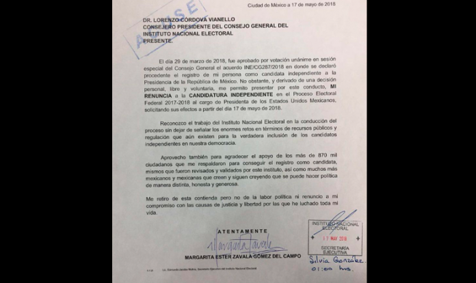 Ratifica Margarita su renuncia, entrega documentos al INE