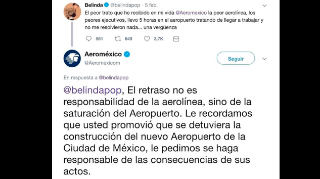 Se viraliza supuesta respuesta de Aeroméxico a una queja de Belinda Se viraliza supuesta respuesta de Aeroméxico a una queja de Belinda