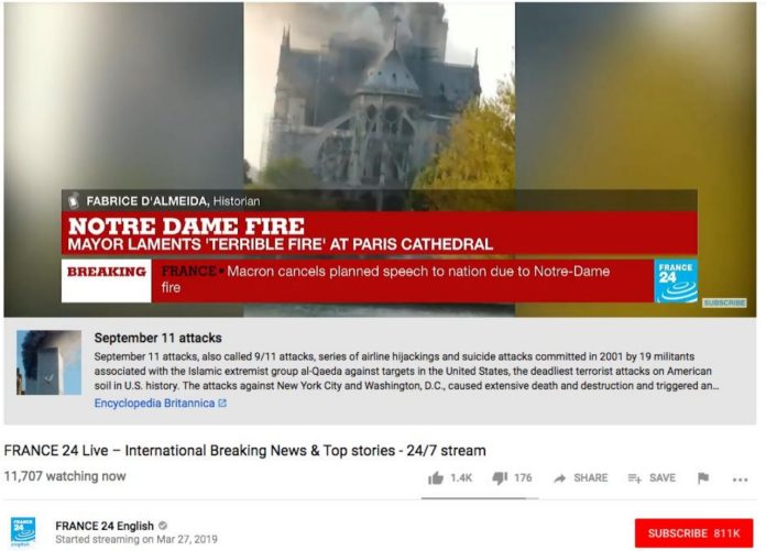 Atacan a YouTube por relacionar incendio de Notre Dame con el 11 de septiembre