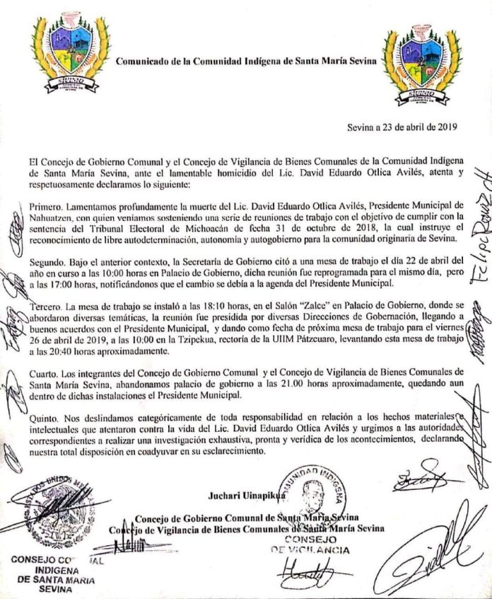 Comuneros se deslindan de homicidio del alcalde de Nahuatzen