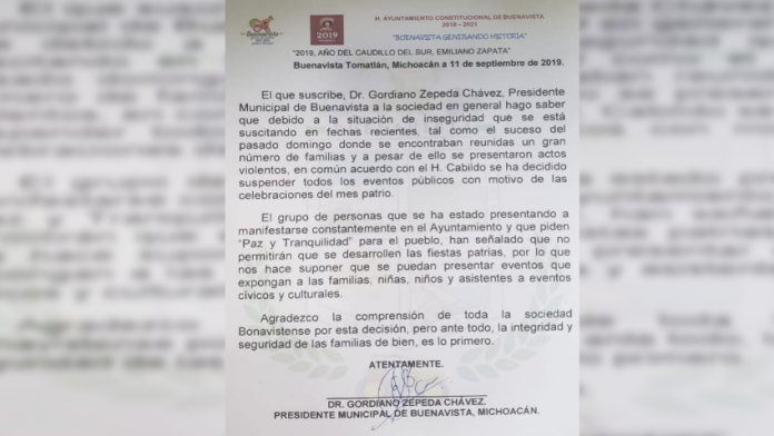 Alcalde de Buenavista Tomatlán suspende actividades patrias por inseguridad