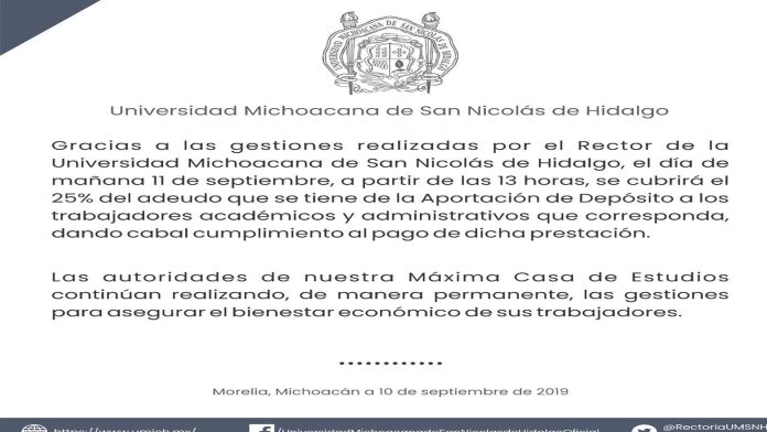 La UMSNH cubrirá el 25% de adeudo con académicos y administrativos