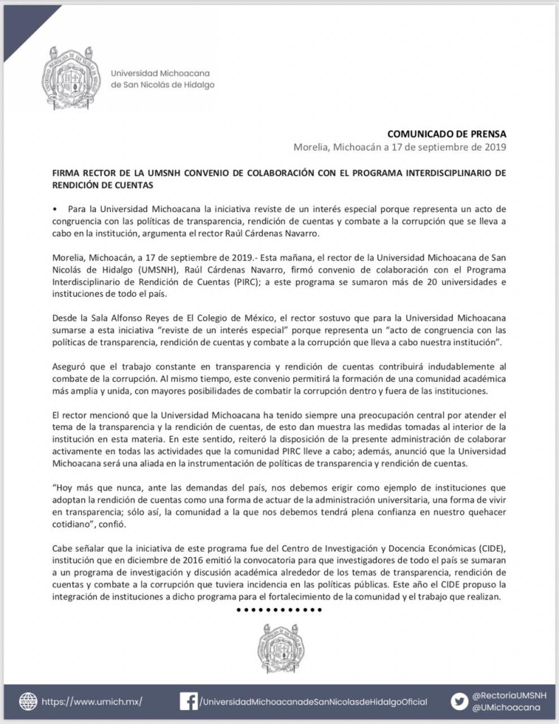 UMSNH firma convenio de colaboración con el programa interdisciplinario de rendición de cuentas