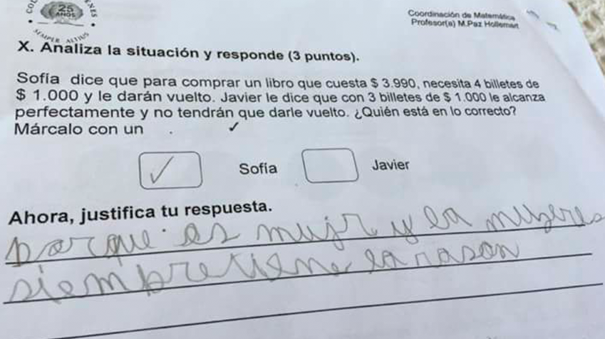 "Las mujeres siempre tienen la razón", la respuesta de un niño a un problema de matemáticas "Las mujeres siempre tienen la razón", la respuesta de un niño a un problema de matemáticas