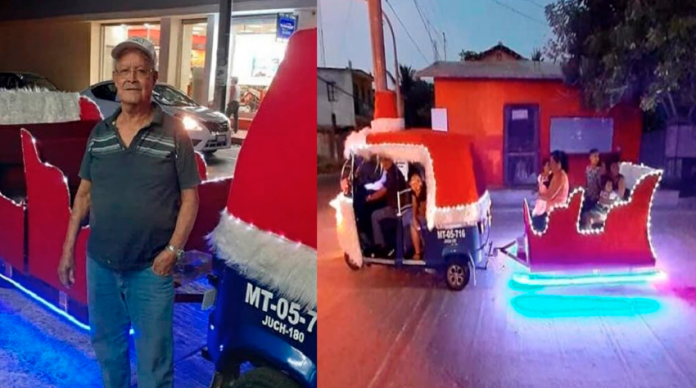 En México: Convierte su mototaxi en trineo, para pasear a niños 
