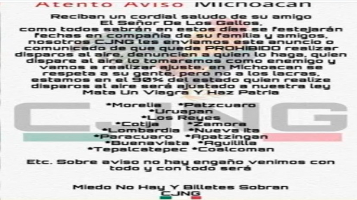 CJNG amenaza en Michoacán a quienes tiren disparos al aire
