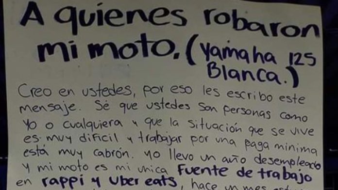 Repartidor de comida envía emotivo mensaje para que le devuelvan su herramienta de trabajo