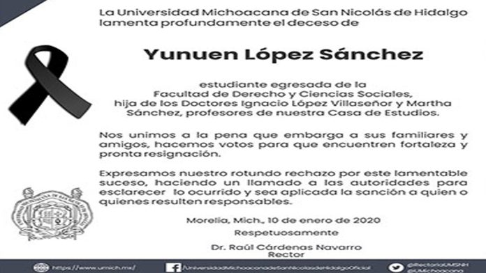 UMSNH exige justicia por la muerte de Yuni, mujer que fue secuestrada y asesinada en Morelia