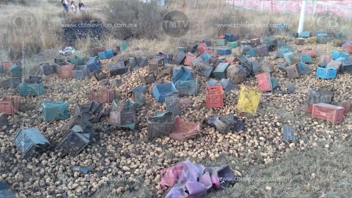 Vuelca camión y deja la Morelia-Quiroga llena de “papas”