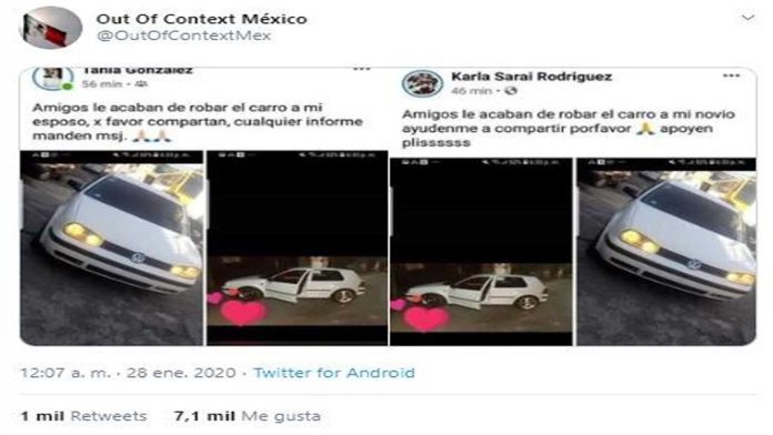 Le roban su auto, su esposa y su amante lo publican en Facebook y descubren la infidelidad