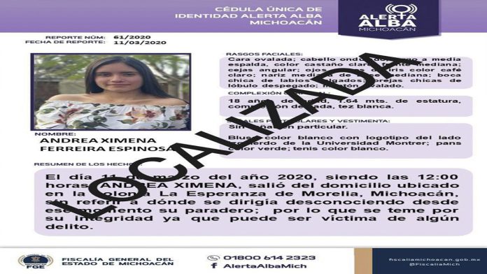 En Morelia: Localizan a Ximena Ferreira