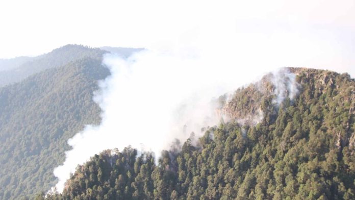 Entra en operación helicóptero para apagar incendio en cerro El Tzirate, en Quiroga