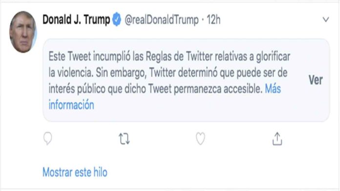 Twitter marca tuit de Donald Trump por “glorificar la violencia”