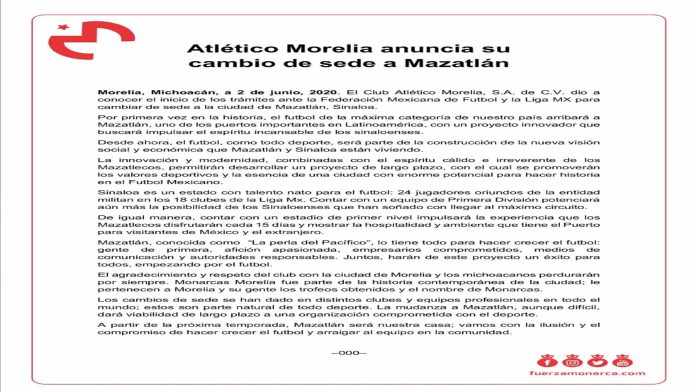 Es oficial, Monarcas Morelia anuncia su cambio de sede a Mazatlán