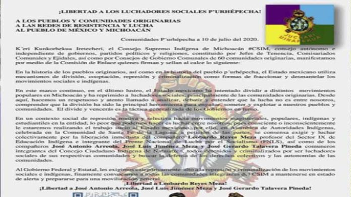 Consejo Supremo exige la liberación de luchadores sociales Purhépechas