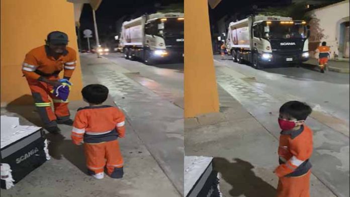 Niño se disfraza de recolector de basura, y les da calaverita a sus héroes