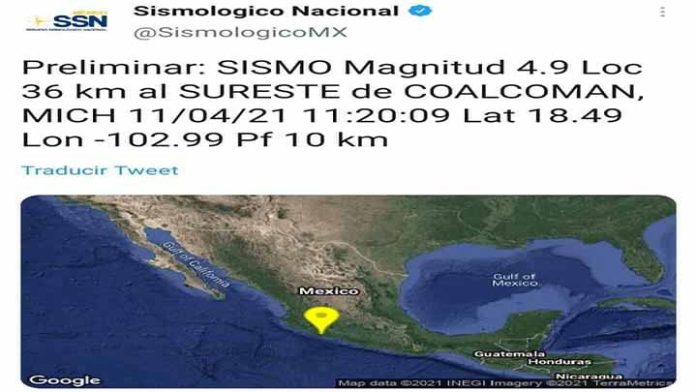Se registra sismo al sur de Coalcomán, se pudo percibir en algunos municipios de Michoacán
