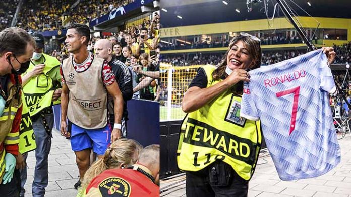 CR7 da balonazo a una mujer en el entrenamiento y le regala su camiseta