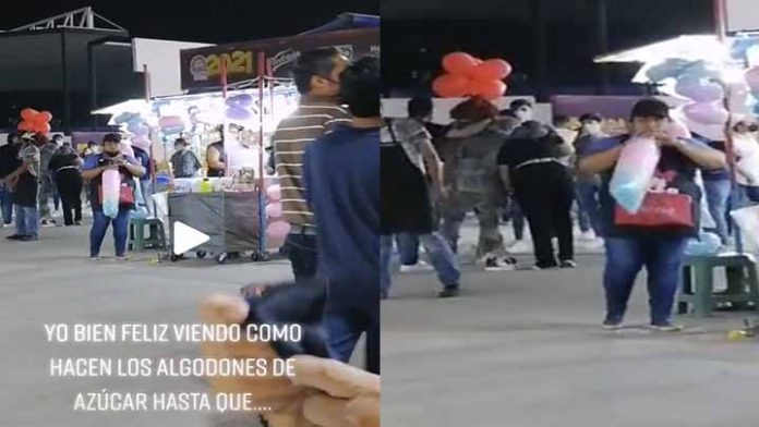 Captan a vendedora inflando bolsas de algodones de azúcar con la boca