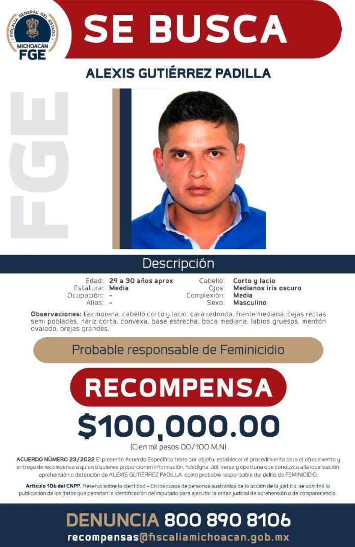 Recompensa por Alexis Gutiérrez Padilla, presunto feminicida de María José “N”