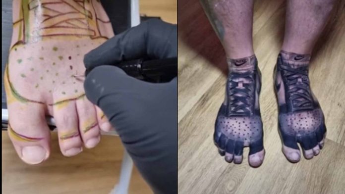 Hombre se tatúa tenis en los pies para ya no gastar en zapatos