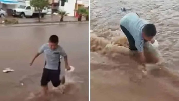 En plena inundación, niño sacrifica tortillas para salvar sus chanclas