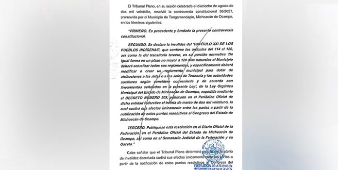 Sentencia de SCJN sobre autogobiernos sólo aplica a Tangamandapio, aclara Gobierno de Michoacán