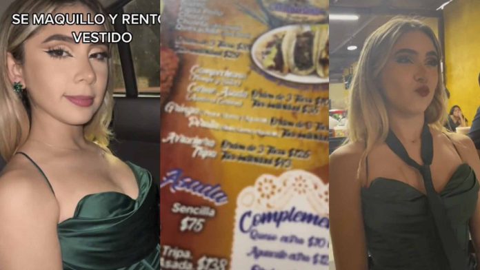 Joven se viste de gala por aniversario y la llevan a cenar a puesto de tacos