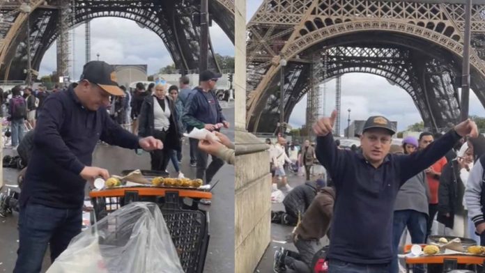 Joven triunfa vendiendo elotes frente a la Torre Eiffel