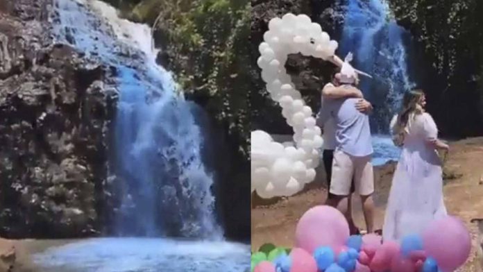 Pareja pinta cascada de color azul para revelar el sexo de su bebé