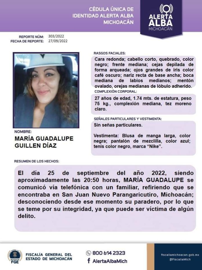 Localiza Fiscalía General a María Guadalupe G., reportada como desaparecida
