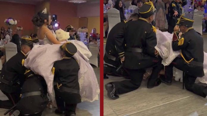 Chambelanes tiran dos veces a quinceañera durante su vals