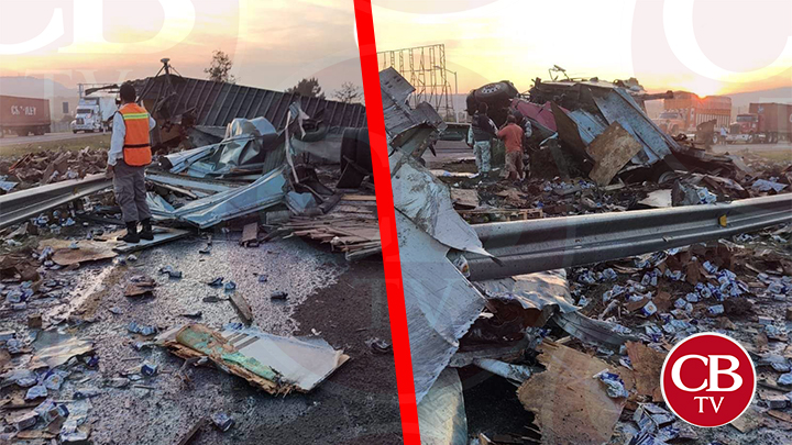 Seis heridos y 100 charolas de cervezas destruidas en choque de tráiler Seis heridos y 100 charolas de cervezas destruidas en choque de tráiler