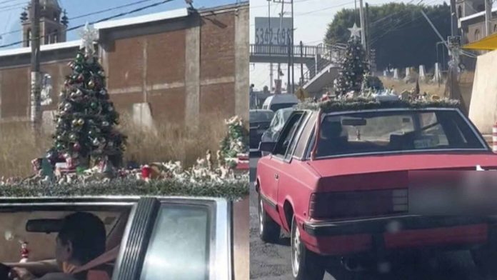 ¡Llevó la Navidad al extremo! adornó su auto con nacimiento andante