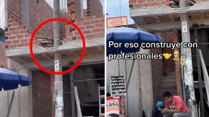 Albañiles construyen casa y añaden el poste de luz