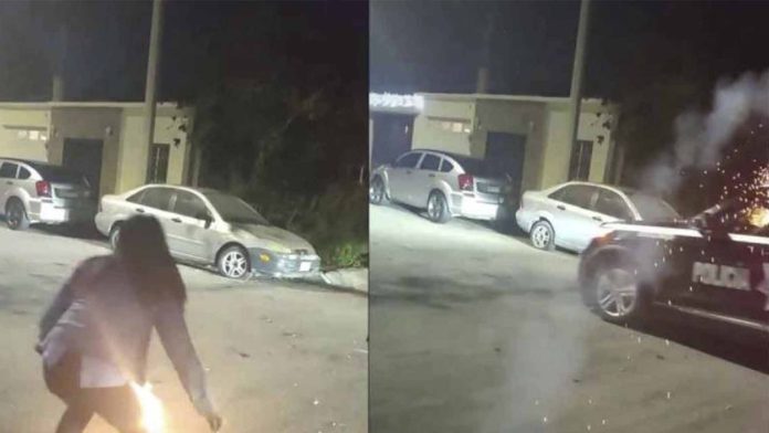 Joven enciende cohete y por accidente cae en una patrulla
