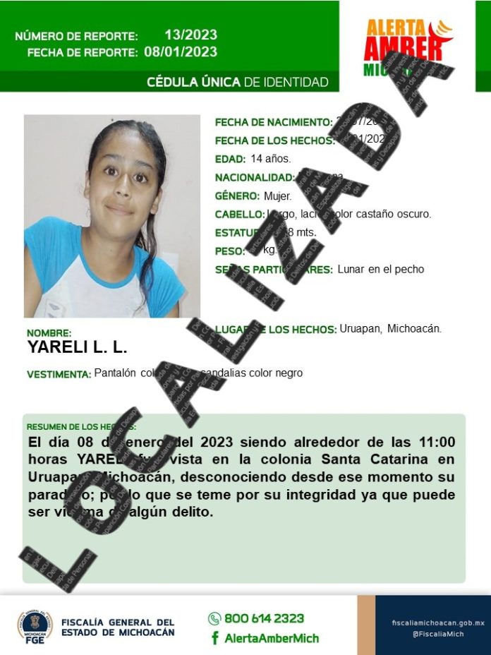 Localiza FGE a Y.L.L., de 14 años, reportada desaparecida en Uruapan