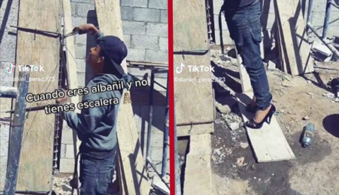 ¡Ingenio mexicano! Albañil no tiene escalera y utiliza tacones para trabajar en obra