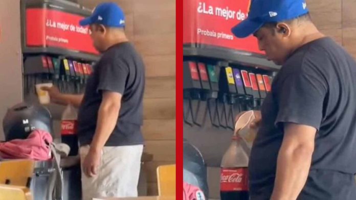 Hombre utiliza dispensador de refrescos para rellenar su botella de 3 litros