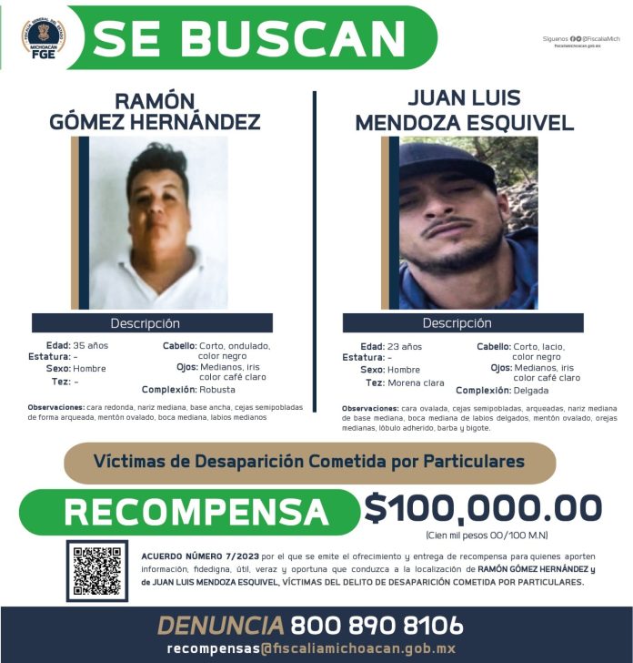 Recompensa de 100 mil pesos para ubicar a dos personas desaparecidas en Sahuayo