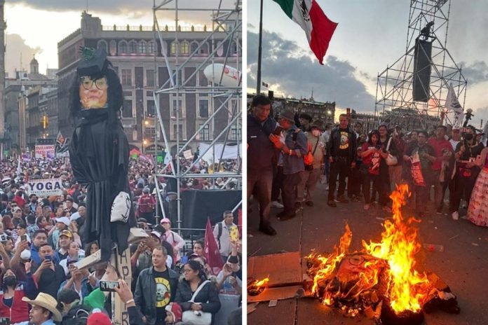 AMLO condena la quema de una figura de la ministra Norma Piña en marcha de la Expropiación Petrolera