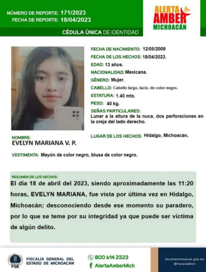 Desaparece niña de 13 años en Michoacán