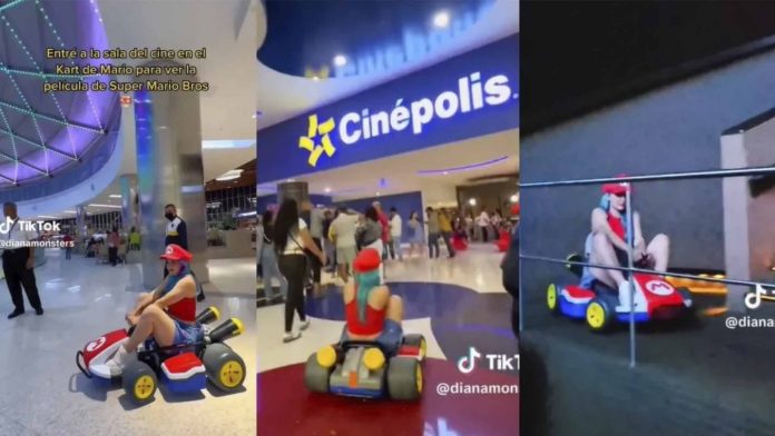 Joven llega al cine en go-kart para ver la película de ‘Super Mario Bros’