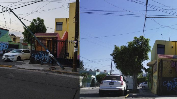 Retiran poste caído a causa de los fuertes vientos en Morelia