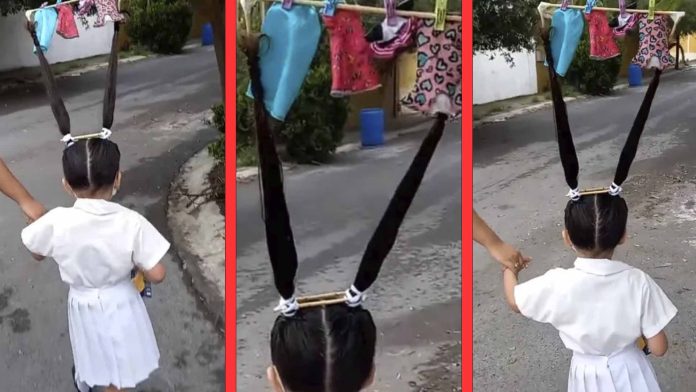 ¡El ingenio de las mamás no tiene límite! Niña lleva peinado loco con forma de tendedero