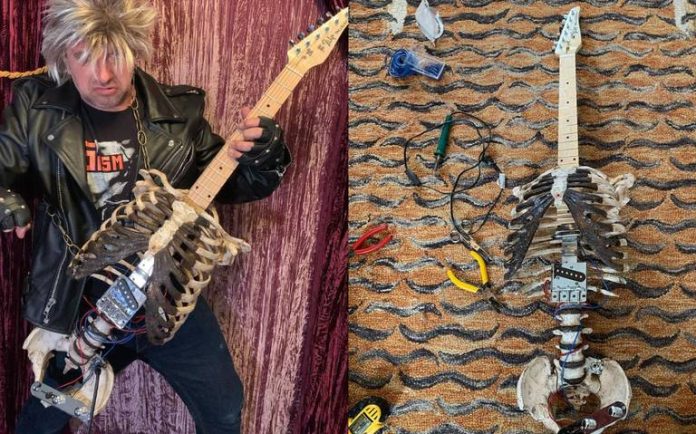 Con huesos de su tío guitarrista construye su guitarra