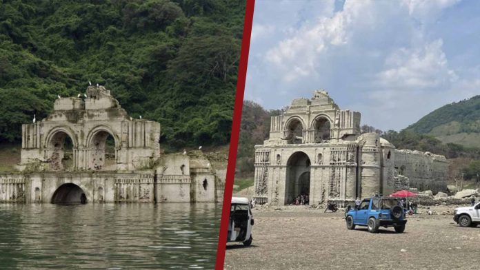 Sequía deja al descubierto la basílica de Quechula en Chiapas 