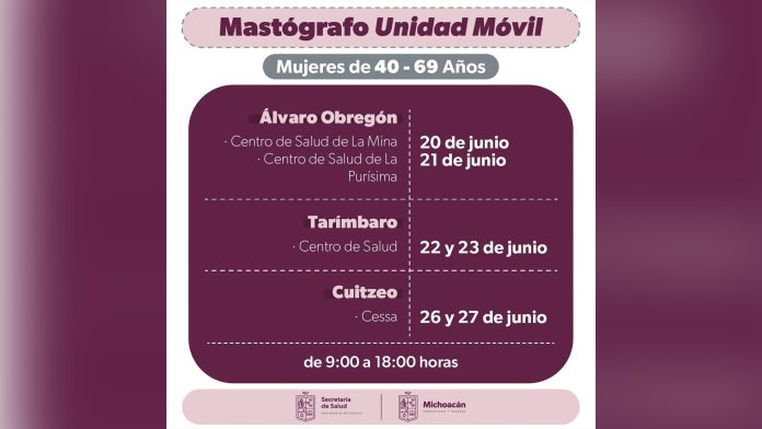 Habrá mastografías gratuitas en Álvaro Obregón, Tarímbaro y Cuitzeo