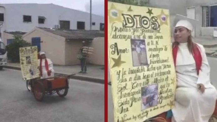 Mujer llega a su graduación en carretilla en la que su esposo vende verduras